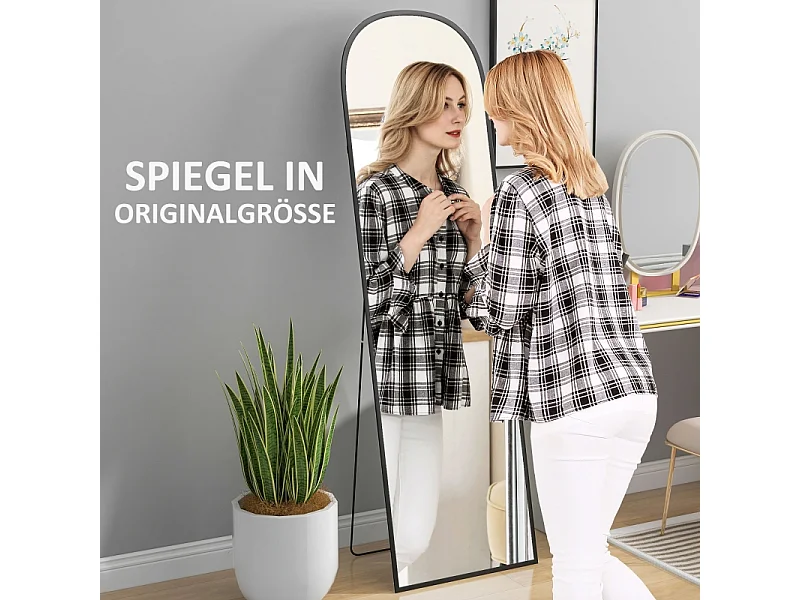 Specchio da appoggio, curvo, con vetro infrangibile e cornice in alluminio, per soggiorno, camera da letto, corridoio, nero (169x49 cm)