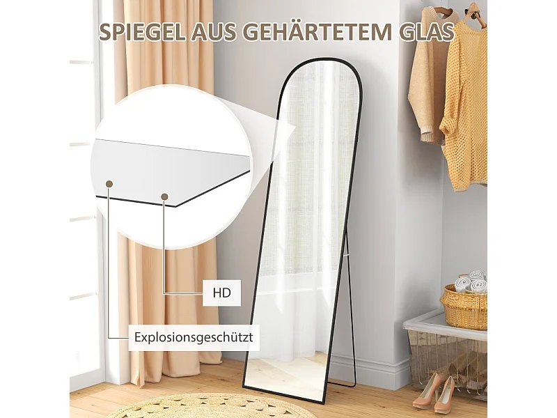 Specchio da appoggio, curvo, con vetro infrangibile e cornice in alluminio, per soggiorno, camera da letto, corridoio, nero (169x49 cm)