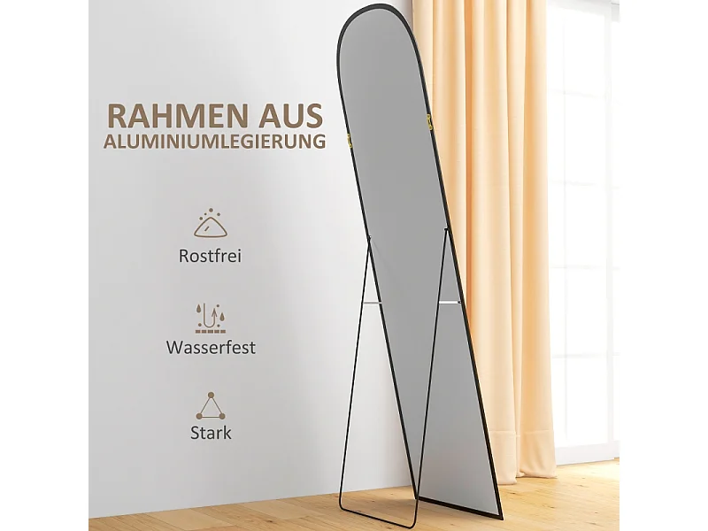 Specchio da appoggio, curvo, con vetro infrangibile e cornice in alluminio, per soggiorno, camera da letto, corridoio, nero (169x49 cm)