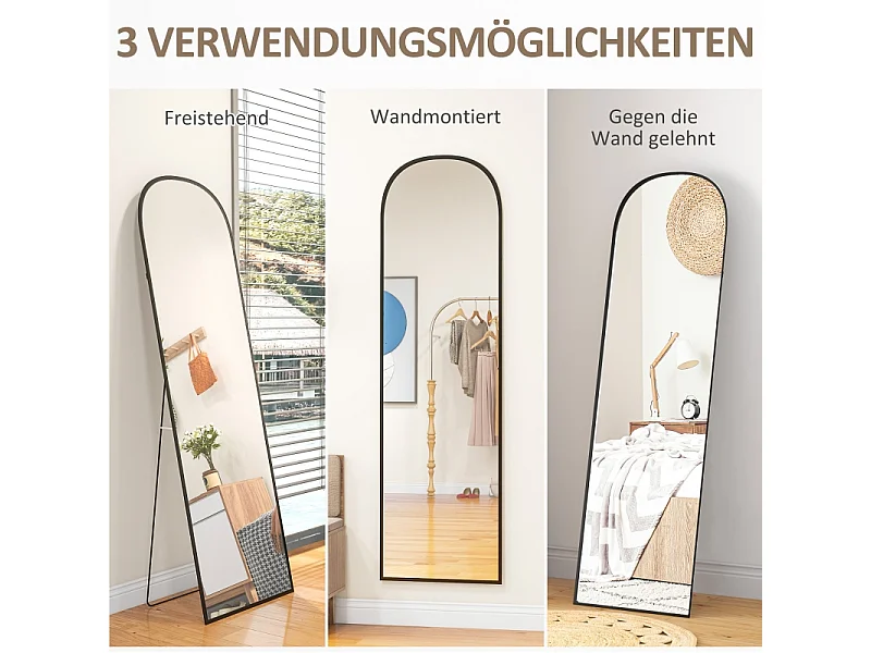 Specchio da appoggio, curvo, con vetro infrangibile e cornice in alluminio, per soggiorno, camera da letto, corridoio, nero (169x49 cm)
