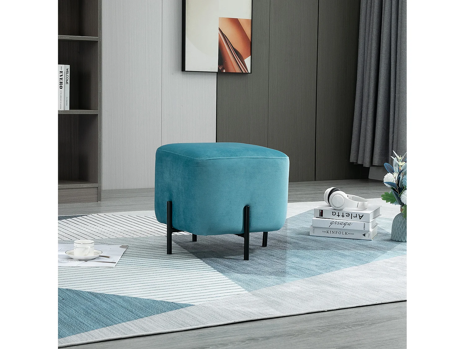 Pouf en Velours, Housse en Polyester, Structure en Acier, Turquoise (44.5x44.5x41.5 cm)