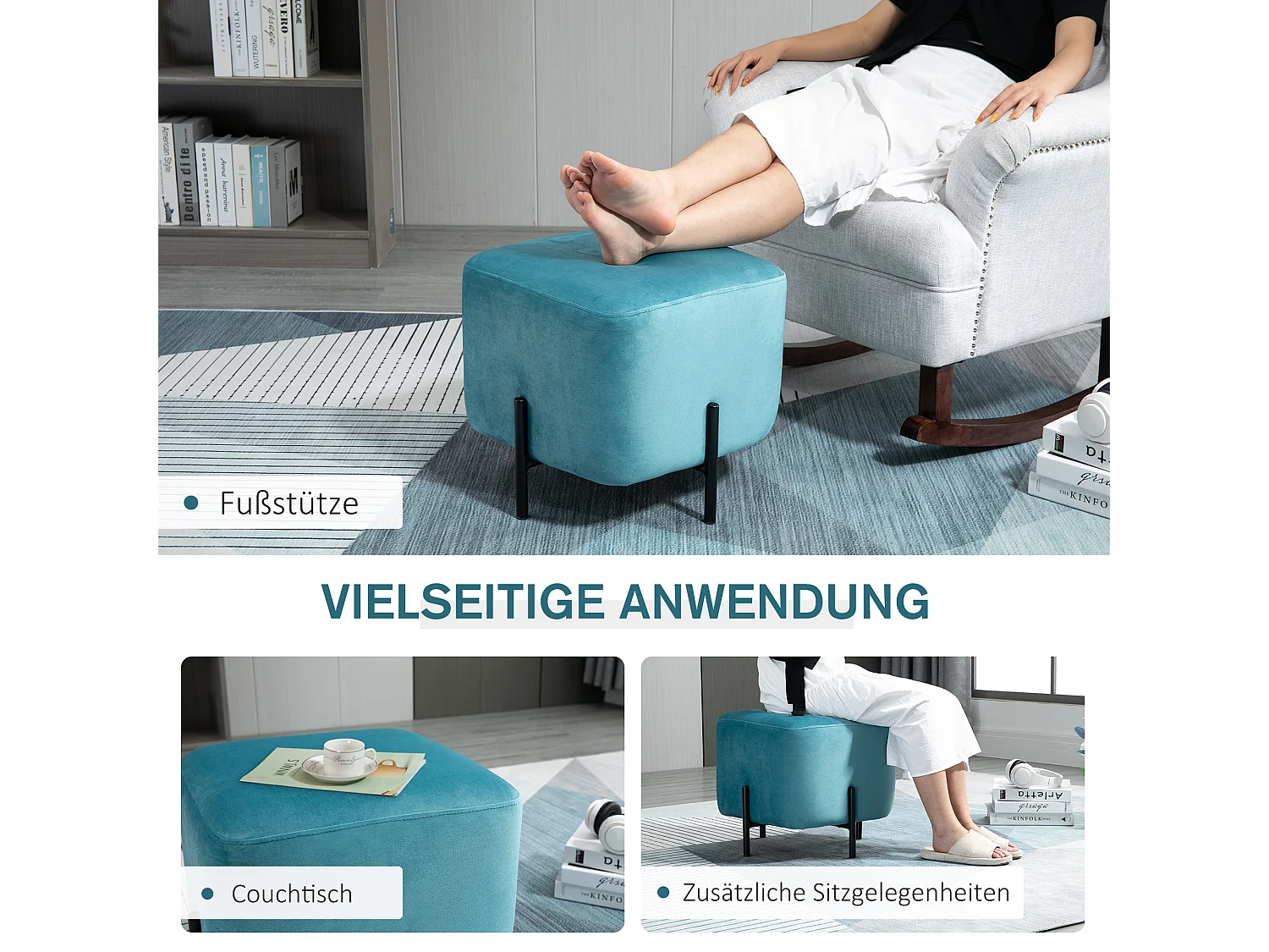 Pouf en Velours, Housse en Polyester, Structure en Acier, Turquoise (44.5x44.5x41.5 cm)