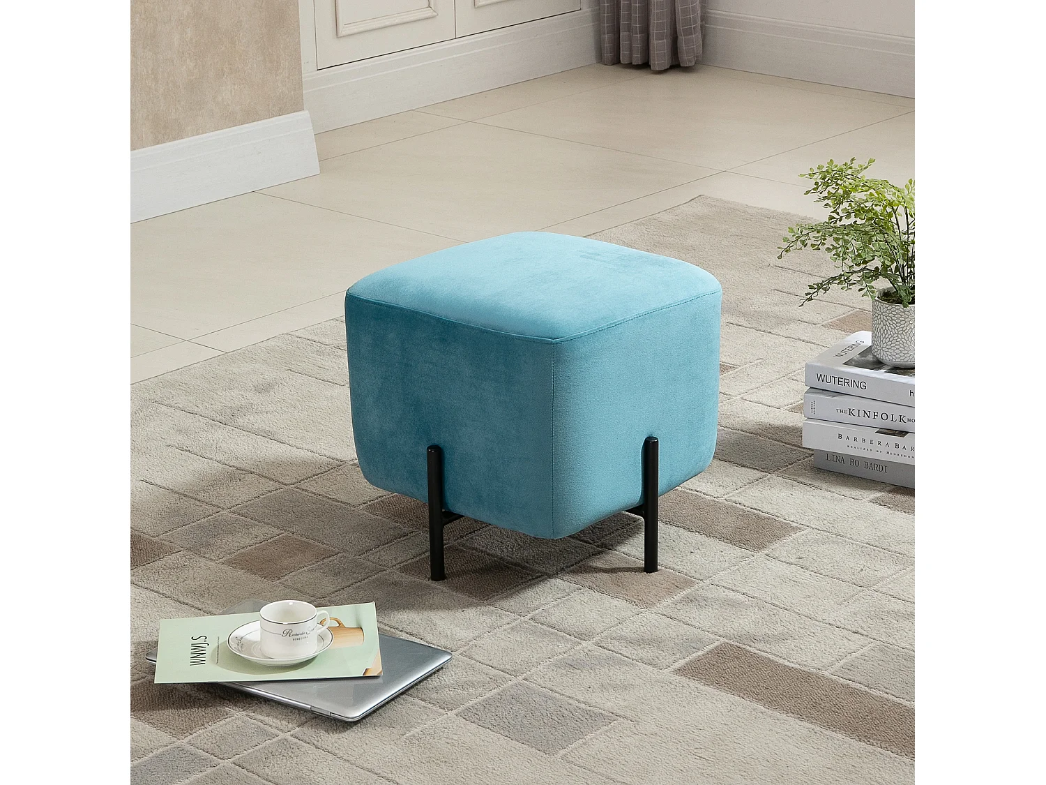 Pouf en Velours, Housse en Polyester, Structure en Acier, Turquoise (44.5x44.5x41.5 cm)