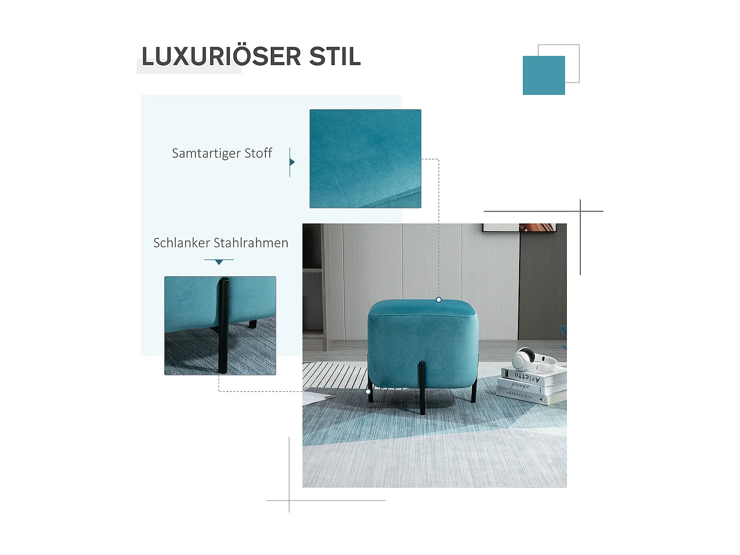 Pouf en Velours, Housse en Polyester, Structure en Acier, Turquoise (44.5x44.5x41.5 cm)