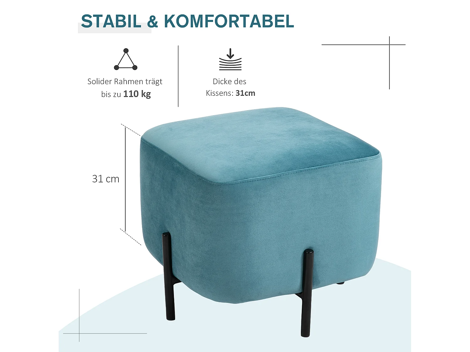 Pouf en Velours, Housse en Polyester, Structure en Acier, Turquoise (44.5x44.5x41.5 cm)