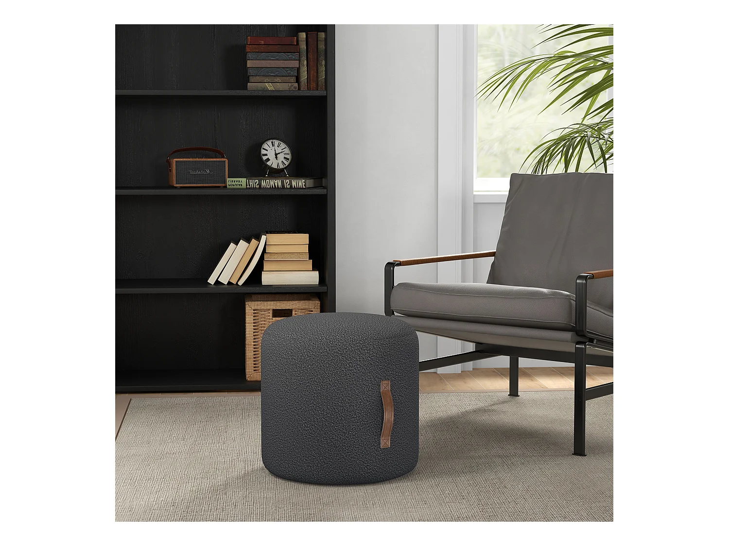 Pouf rond rembourré avec poignée, ottomane, polyester, gris foncé (48x48x45cm)