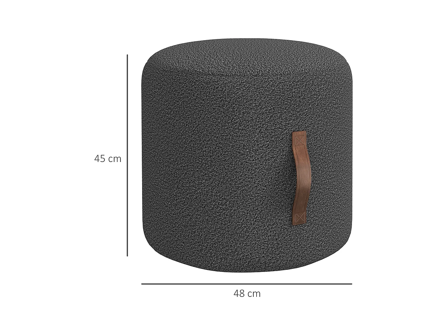 Pouf rond rembourré avec poignée, ottomane, polyester, gris foncé (48x48x45cm)