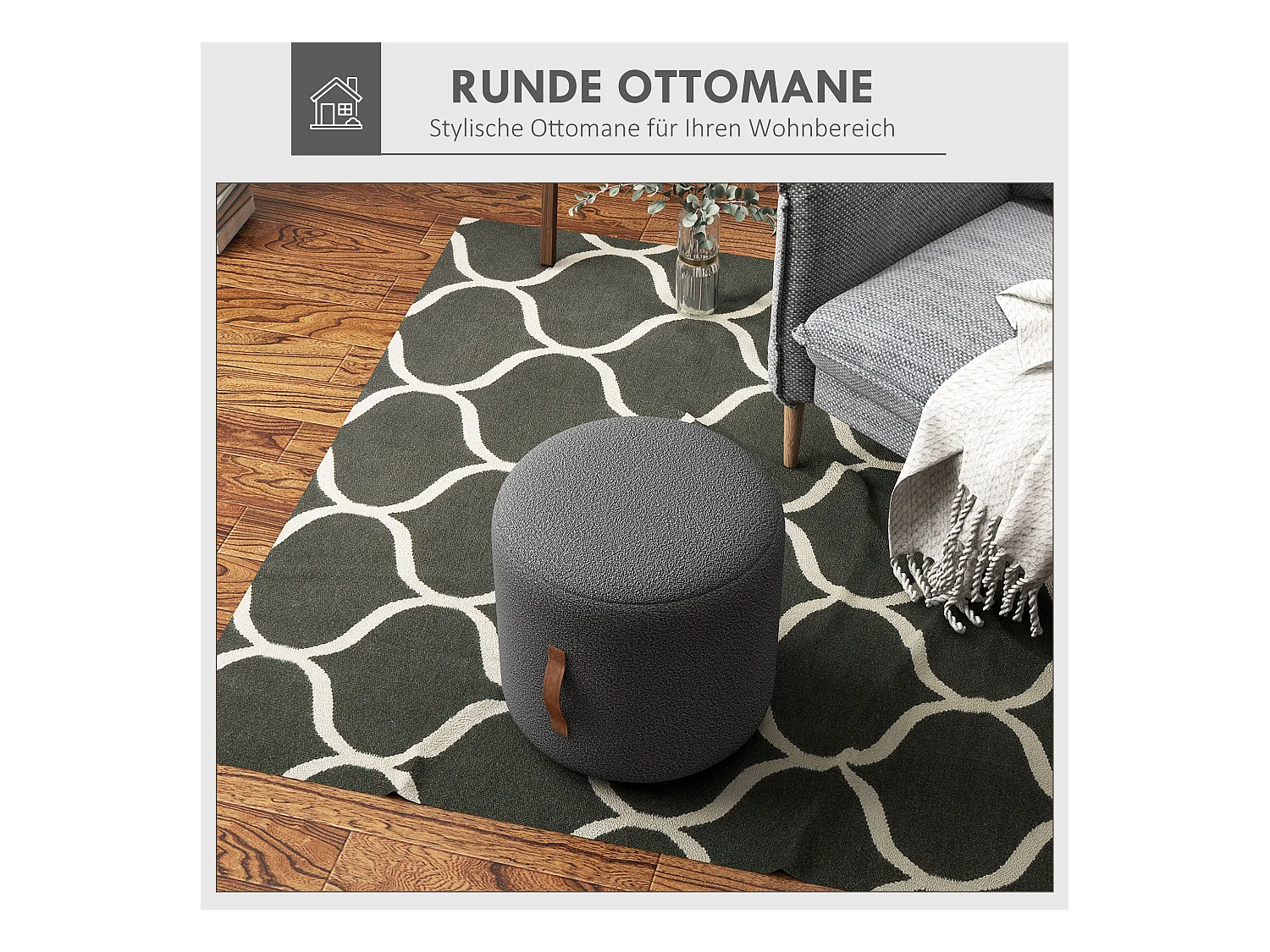 Pouf rond rembourré avec poignée, ottomane, polyester, gris foncé (48x48x45cm)