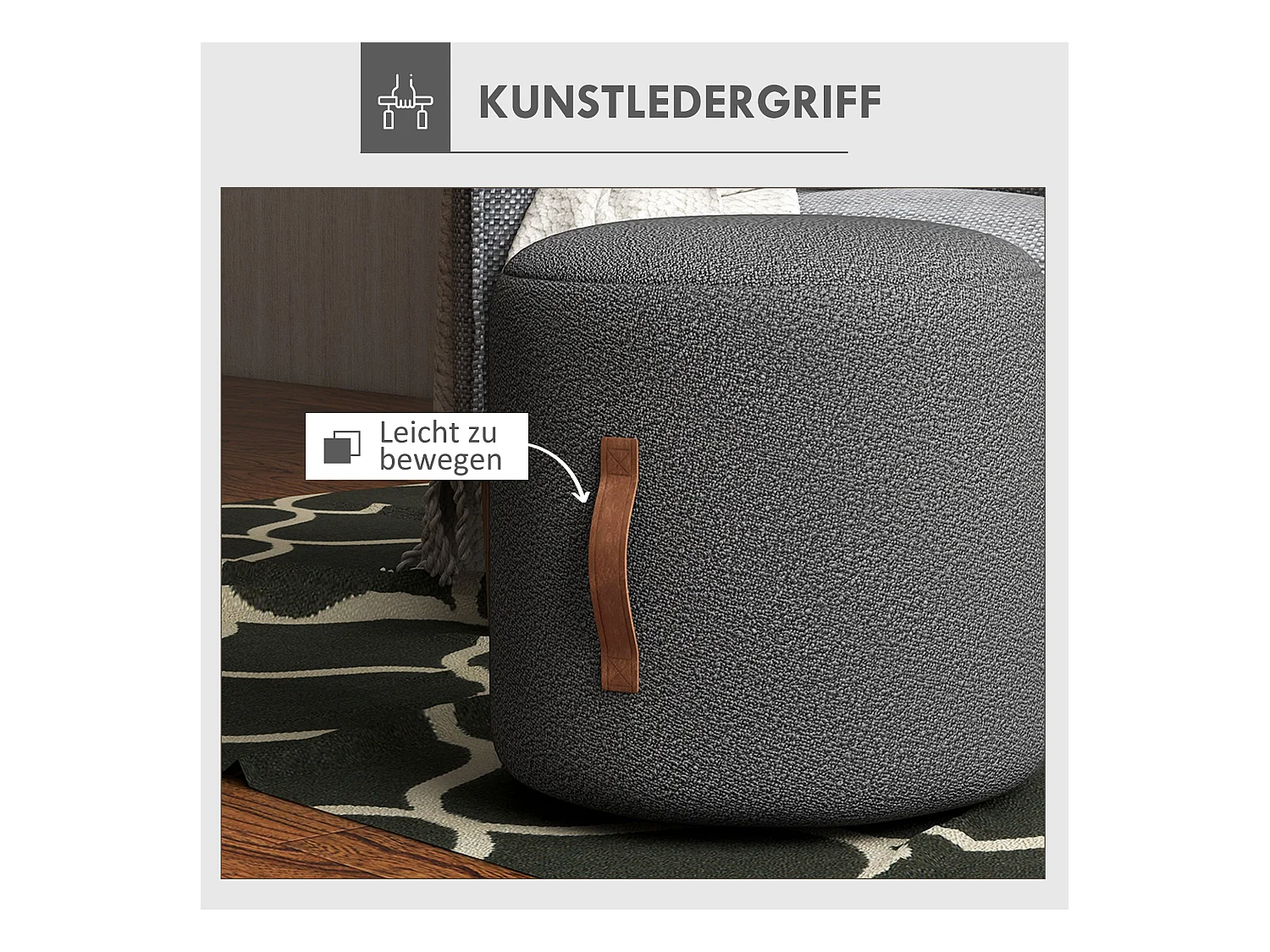 Pouf rond rembourré avec poignée, ottomane, polyester, gris foncé (48x48x45cm)