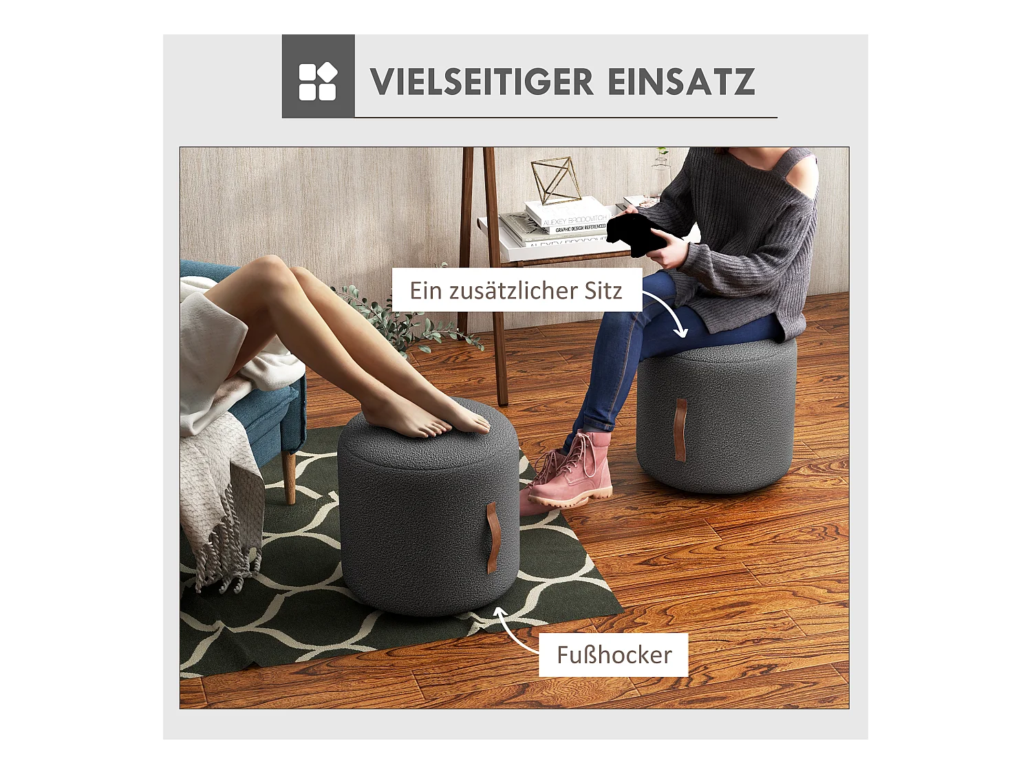 Pouf rond rembourré avec poignée, ottomane, polyester, gris foncé (48x48x45cm)