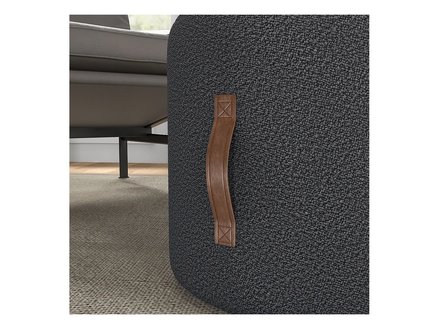 Pouf rond rembourré avec poignée, ottomane, polyester, gris foncé (48x48x45cm)