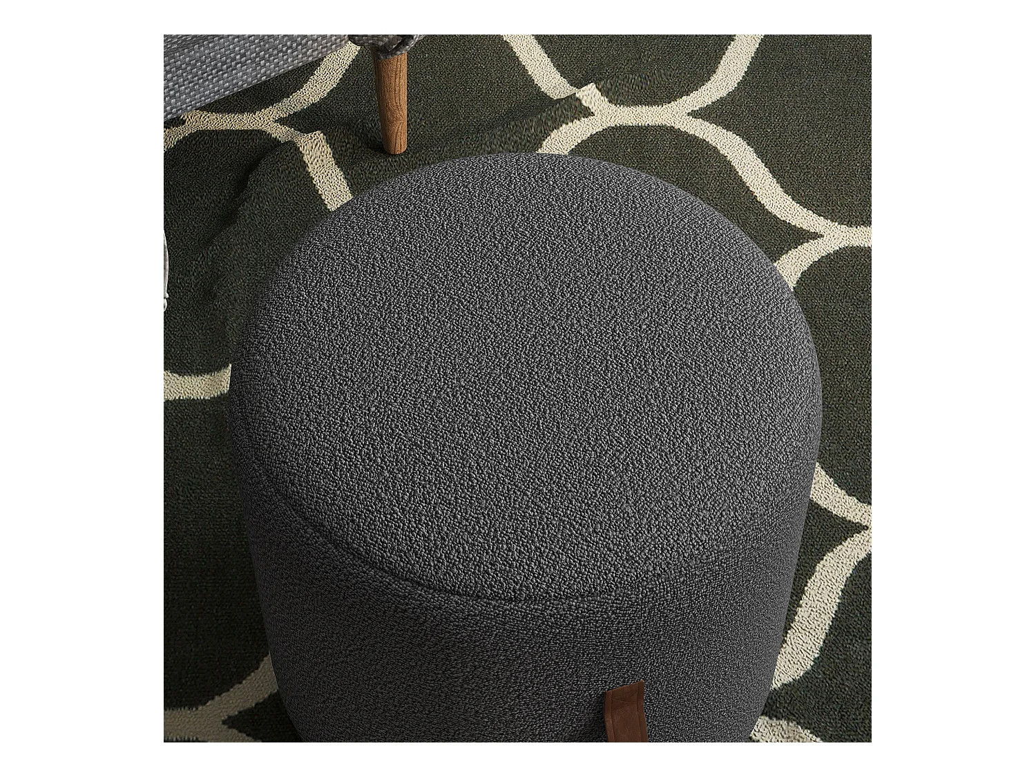 Pouf rond rembourré avec poignée, ottomane, polyester, gris foncé (48x48x45cm)