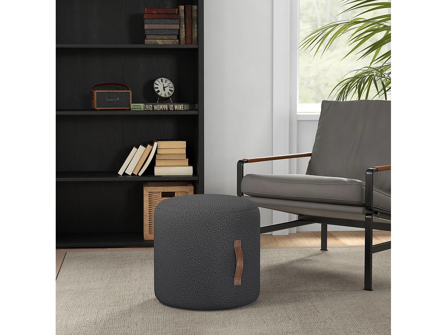 Pouf rond rembourré avec poignée, ottomane, polyester, gris foncé (48x48x45cm)