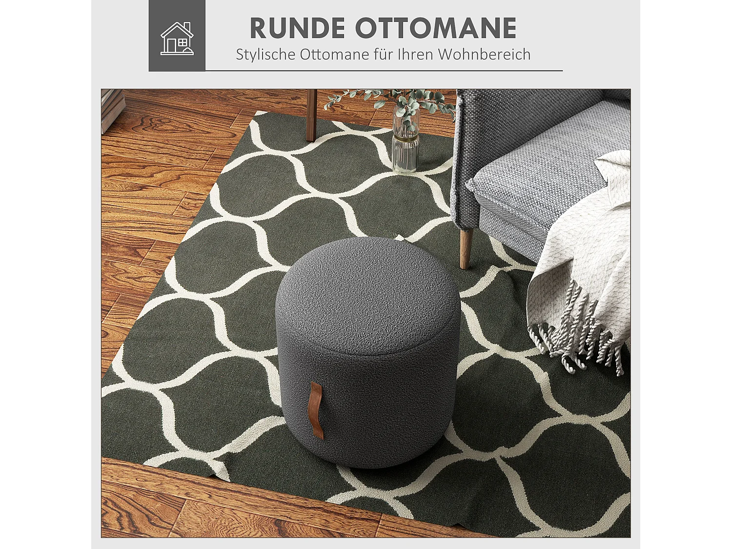 Pouf rond rembourré avec poignée, ottomane, polyester, gris foncé (48x48x45cm)