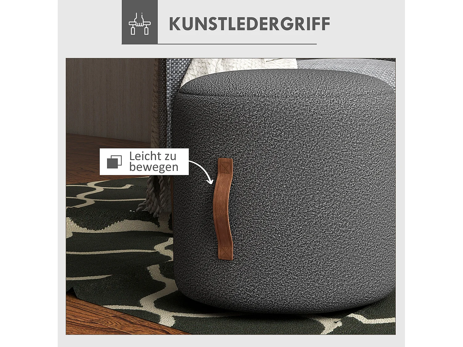 Pouf rond rembourré avec poignée, ottomane, polyester, gris foncé (48x48x45cm)