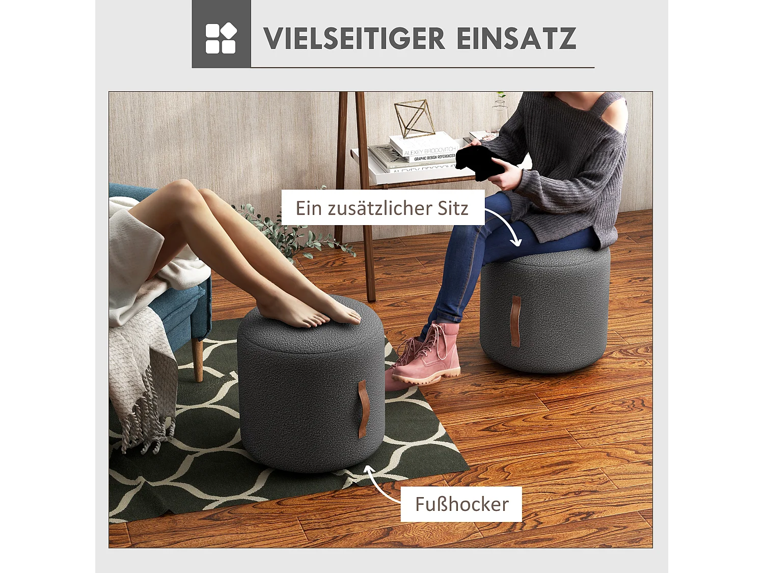 Pouf rond rembourré avec poignée, ottomane, polyester, gris foncé (48x48x45cm)