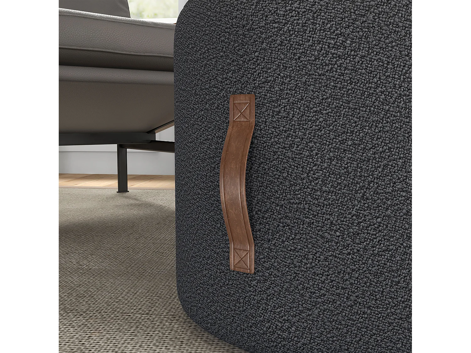 Pouf rond rembourré avec poignée, ottomane, polyester, gris foncé (48x48x45cm)