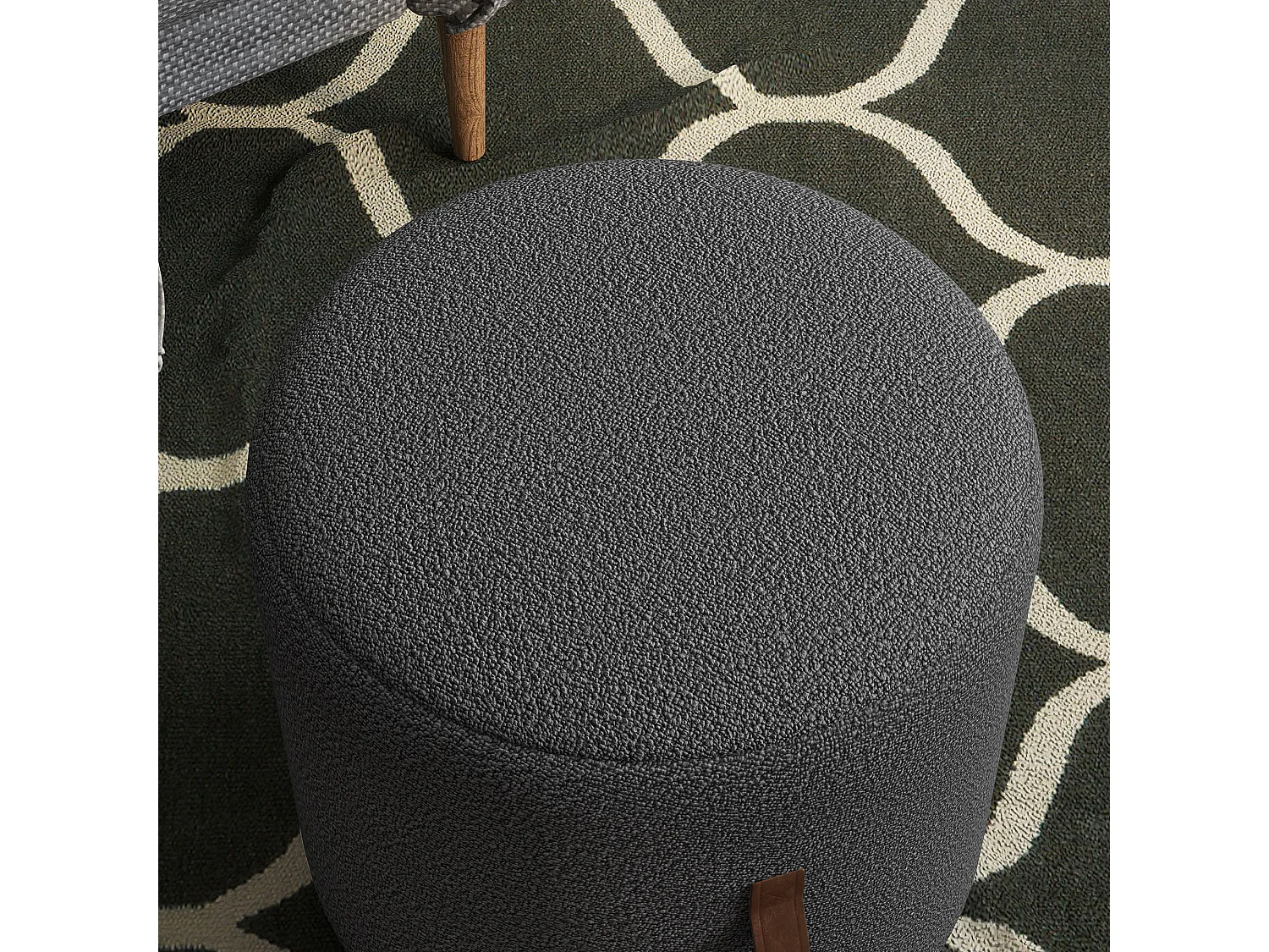 Pouf rond rembourré avec poignée, ottomane, polyester, gris foncé (48x48x45cm)