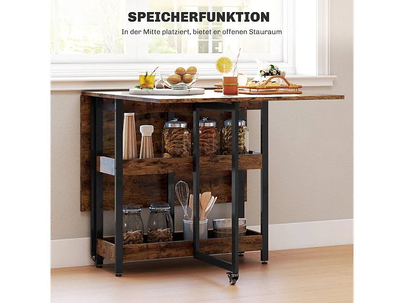 Table à manger pliable pour 2-4 personnes, avec 2 étagères ouvertes, design pratique, bois, brun rustique (133.4x80x75 cm)