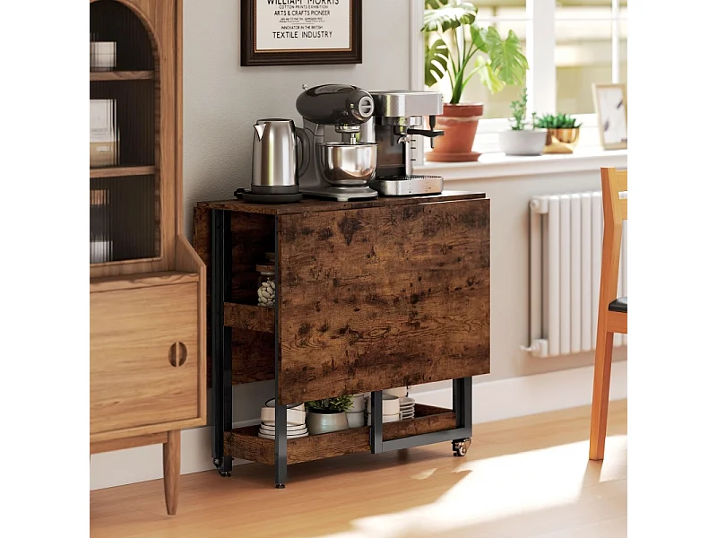 Table à manger pliable pour 2-4 personnes, avec 2 étagères ouvertes, design pratique, bois, brun rustique (133.4x80x75 cm)
