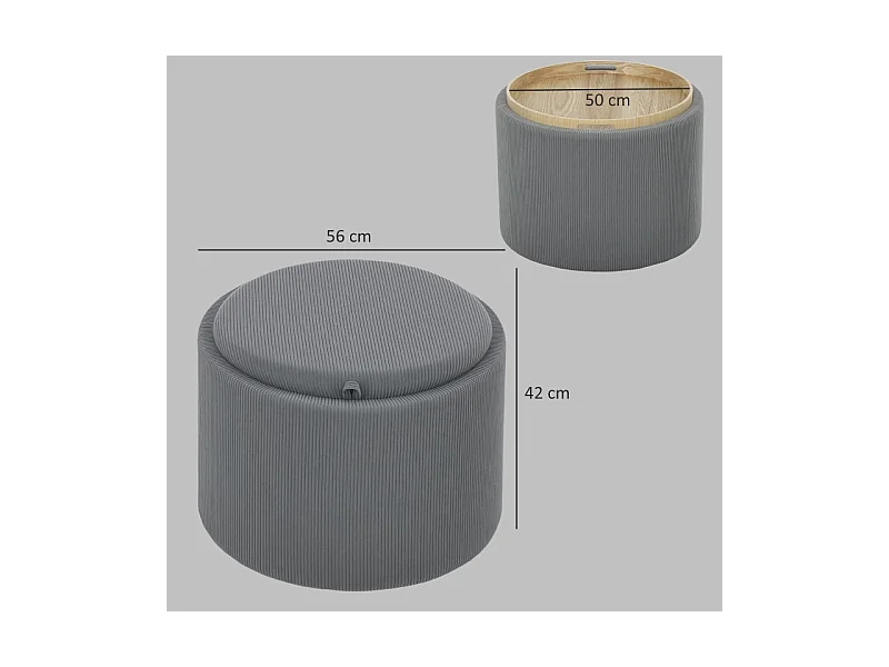 Ronde poef met opbergruimte, corduroy design, stof, grijs (56x56x42 cm)