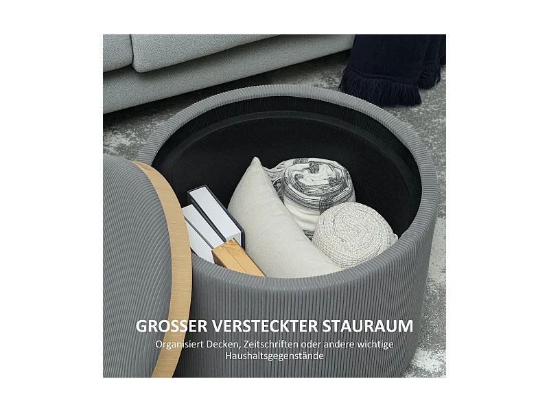 Ronde poef met opbergruimte, corduroy design, stof, grijs (56x56x42 cm)