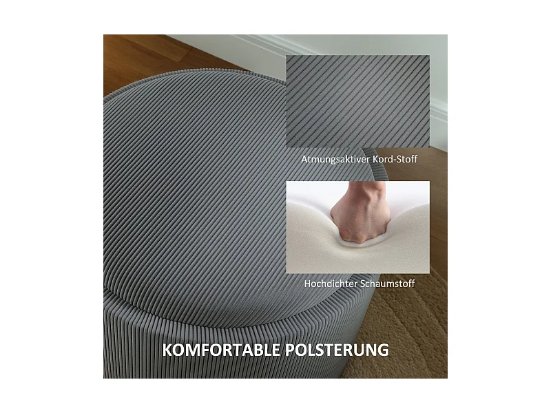 Ronde poef met opbergruimte, corduroy design, stof, grijs (56x56x42 cm)