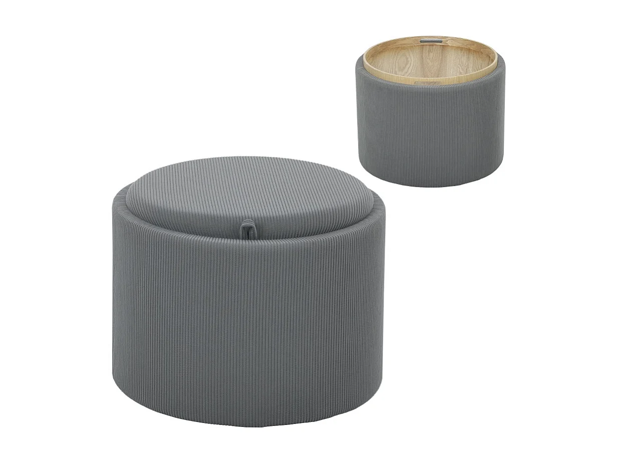 Pouf rond avec rangement, design en velours côtelé, tissu, gris (56x56x42 cm)
