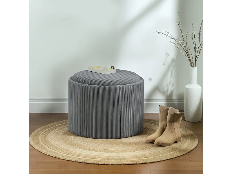 Pouf rond avec rangement, design en velours côtelé, tissu, gris (56x56x42 cm)
