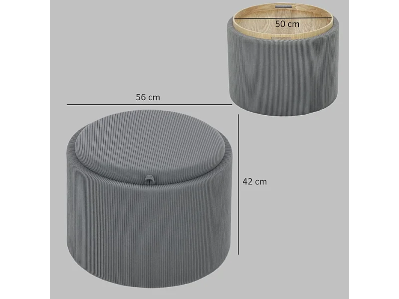 Pouf rond avec rangement, design en velours côtelé, tissu, gris (56x56x42 cm)