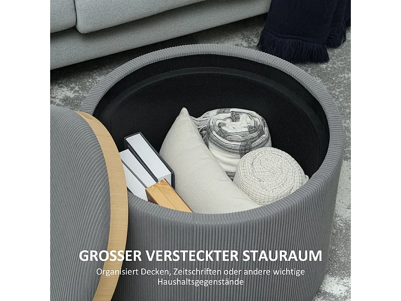 Pouf rond avec rangement, design en velours côtelé, tissu, gris (56x56x42 cm)