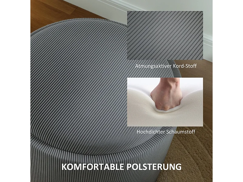 Pouf rond avec rangement, design en velours côtelé, tissu, gris (56x56x42 cm)