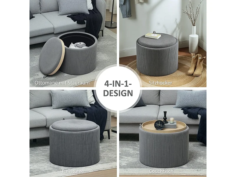 Pouf rond avec rangement, design en velours côtelé, tissu, gris (56x56x42 cm)