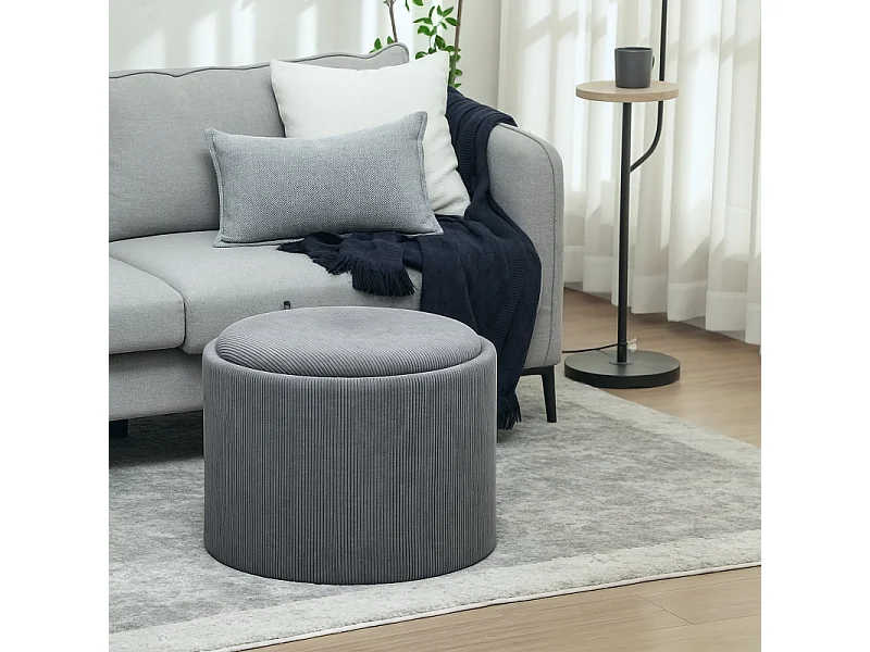 Pouf rond avec rangement, design en velours côtelé, tissu, gris (56x56x42 cm)