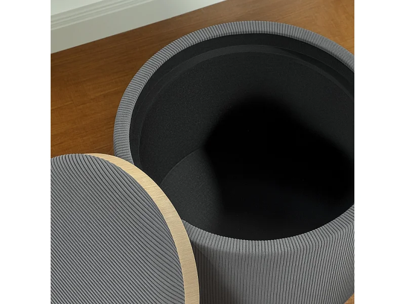 Pouf rond avec rangement, design en velours côtelé, tissu, gris (56x56x42 cm)