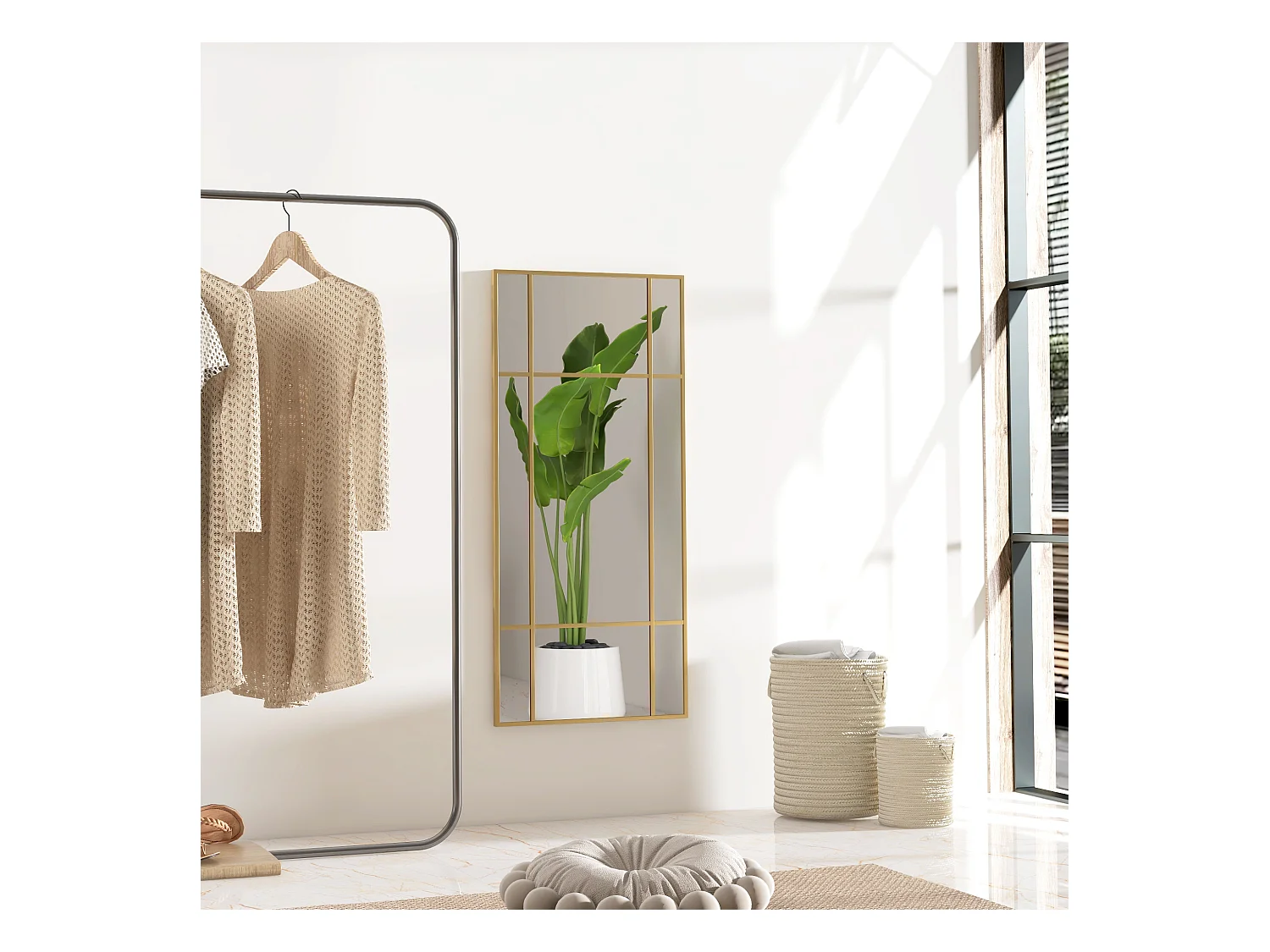 Miroir décoratif avec cadre métallique, design rectangulaire, doré (110x50x2 cm)