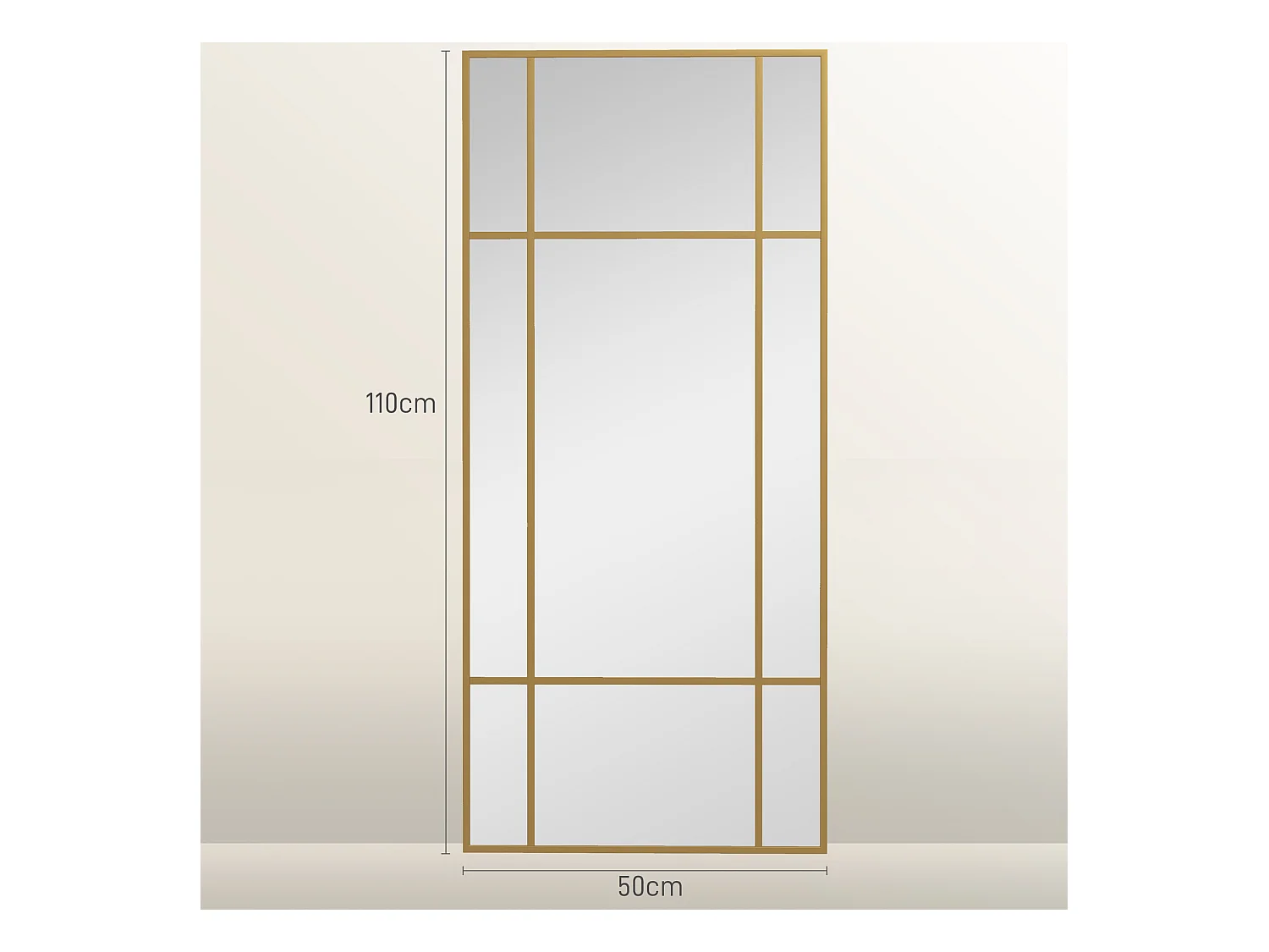 Miroir décoratif avec cadre métallique, design rectangulaire, doré (110x50x2 cm)