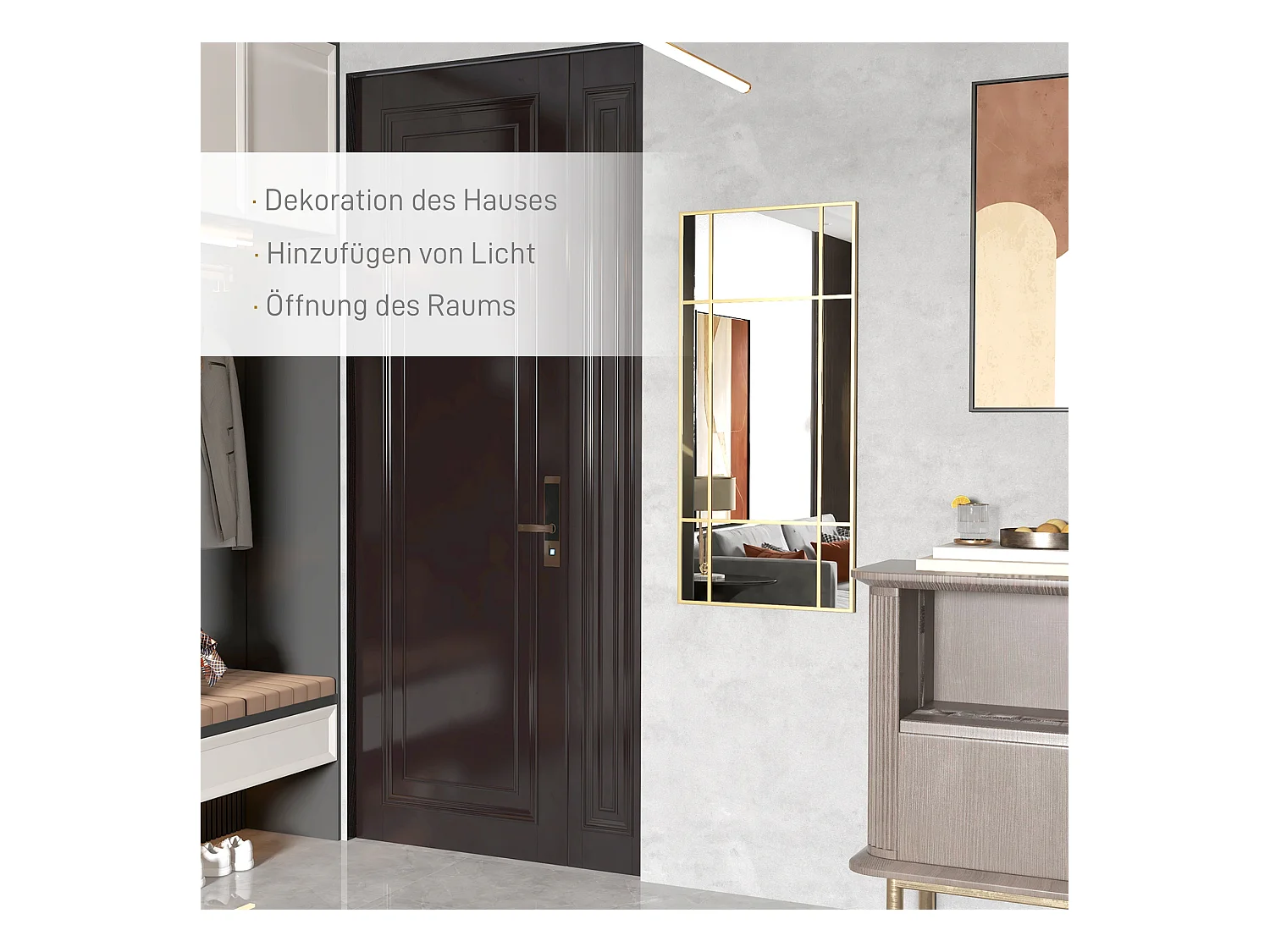 Miroir décoratif avec cadre métallique, design rectangulaire, doré (110x50x2 cm)