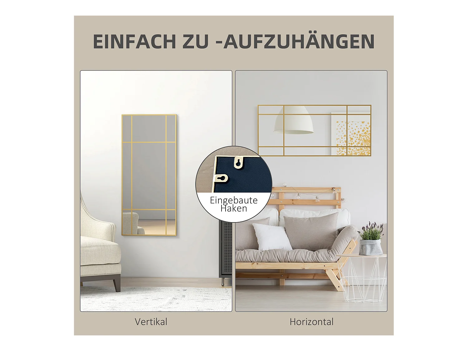 Miroir décoratif avec cadre métallique, design rectangulaire, doré (110x50x2 cm)