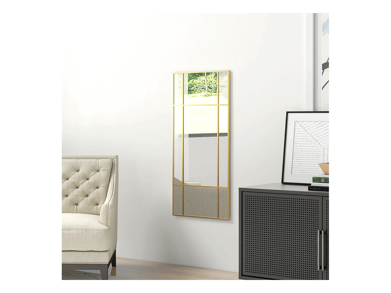 Miroir décoratif avec cadre métallique, design rectangulaire, doré (110x50x2 cm)