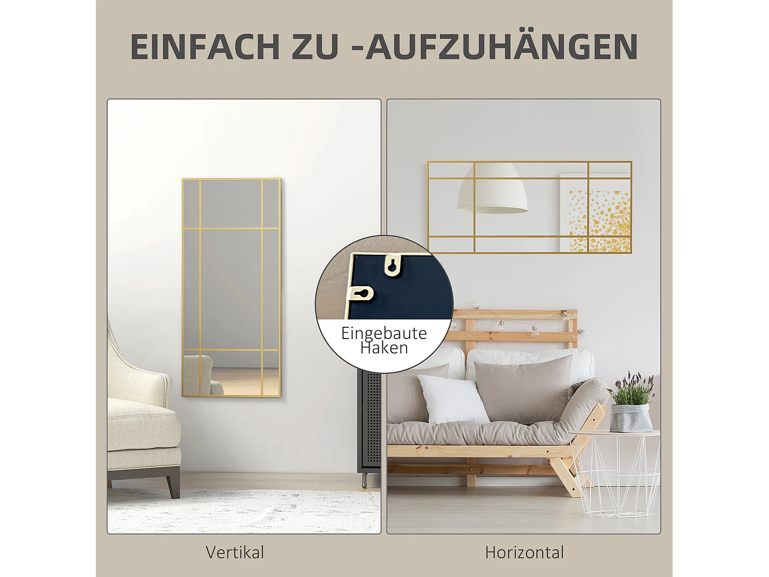 Decoratieve spiegel met metalen lijst, rechthoekig design, goud (110x50x2 cm)