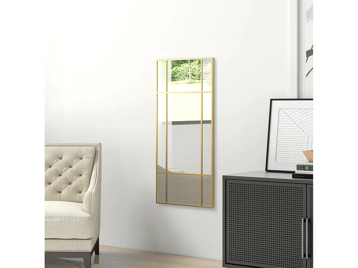 Decoratieve spiegel met metalen lijst, rechthoekig design, goud (110x50x2 cm)