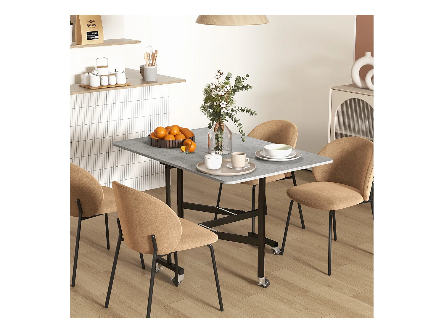 Table à manger pliante avec roulettes, pieds en acier, extensible, MDF, gris (120x80x73cm)