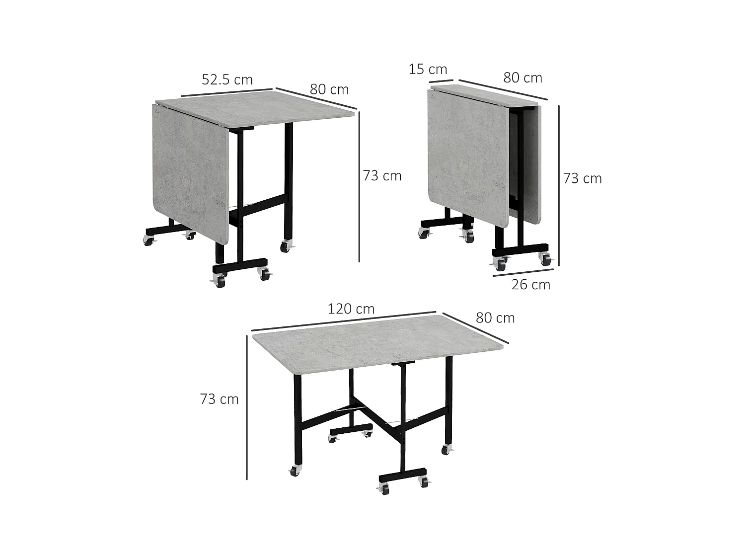 Table à manger pliante avec roulettes, pieds en acier, extensible, MDF, gris (120x80x73cm)