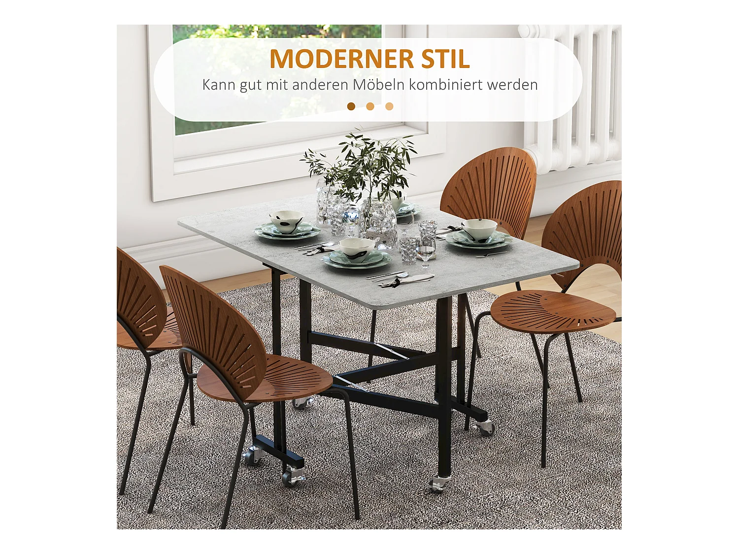 Table à manger pliante avec roulettes, pieds en acier, extensible, MDF, gris (120x80x73cm)