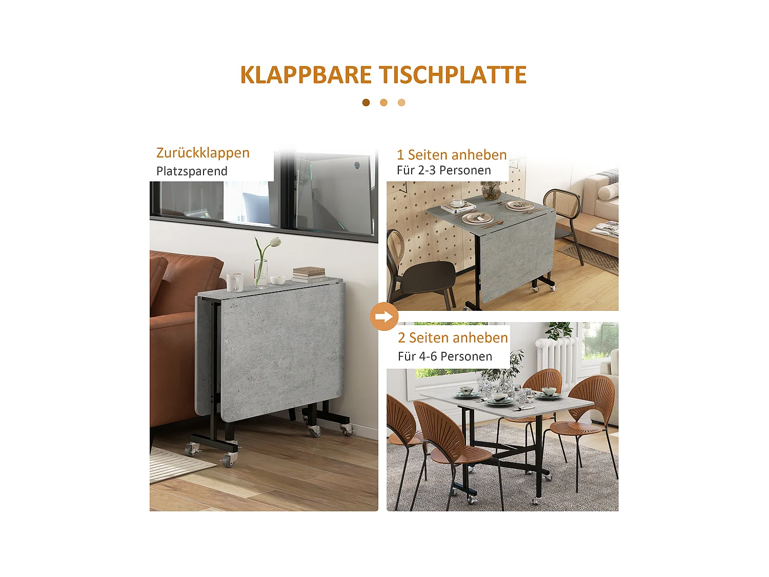 Table à manger pliante avec roulettes, pieds en acier, extensible, MDF, gris (120x80x73cm)