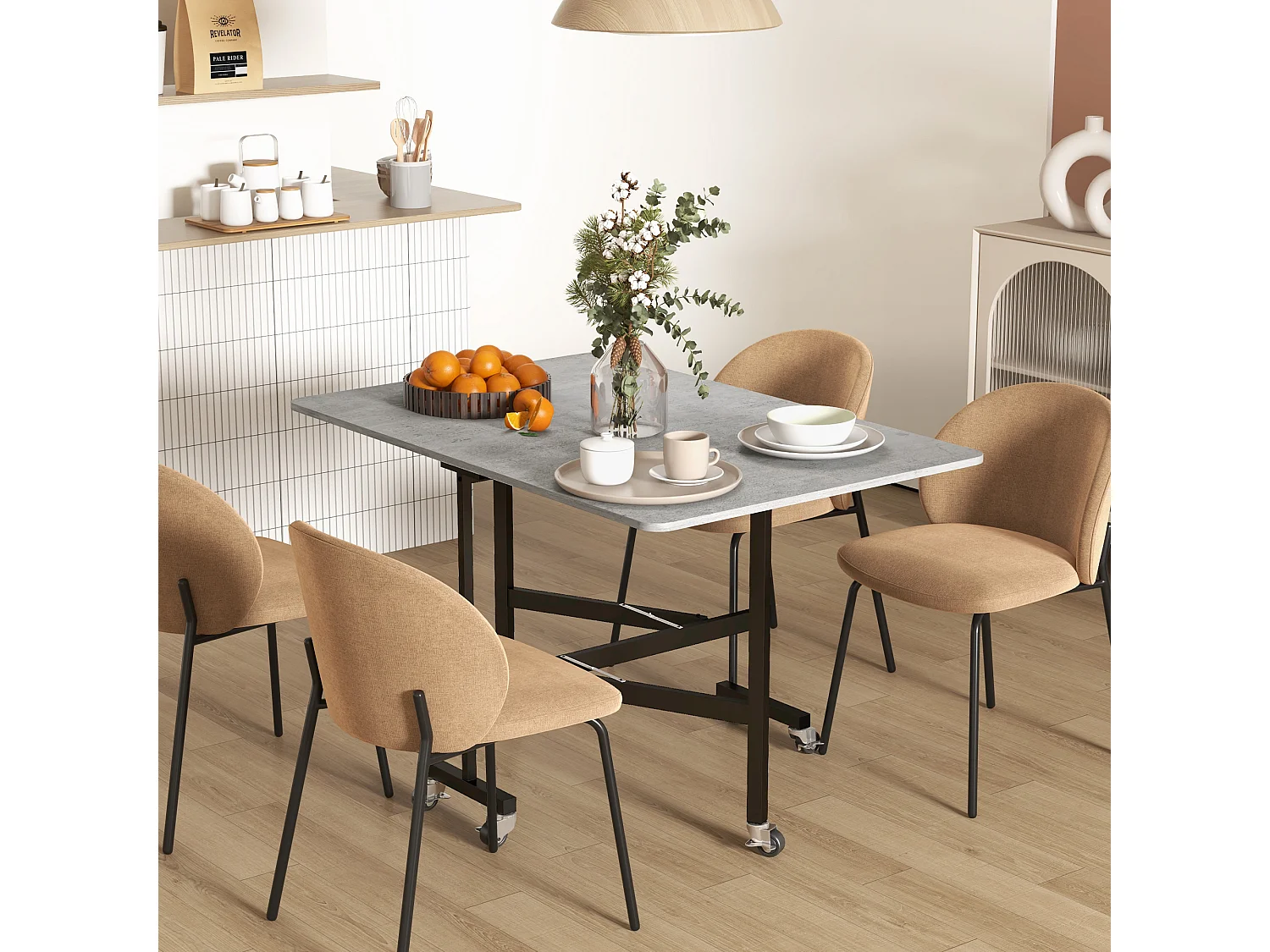 Opklapbare eettafel met wielen, stalen poten, uitschuifbaar, MDF, grijs (120x80x73cm)