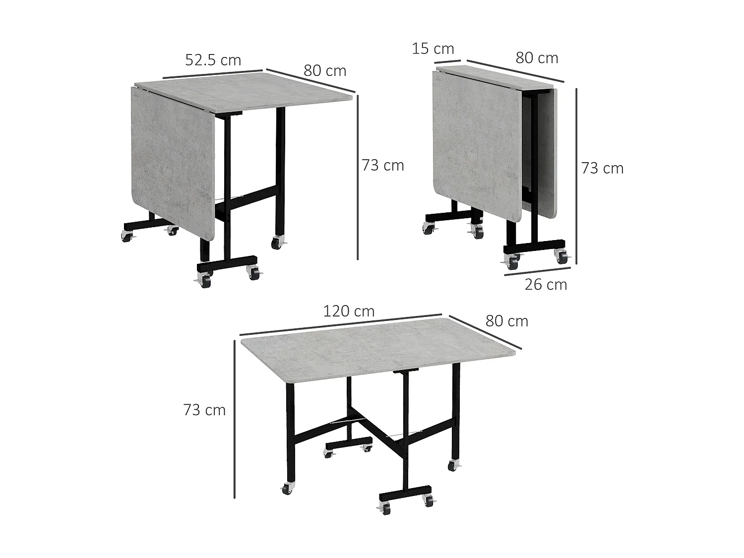 Opklapbare eettafel met wielen, stalen poten, uitschuifbaar, MDF, grijs (120x80x73cm)