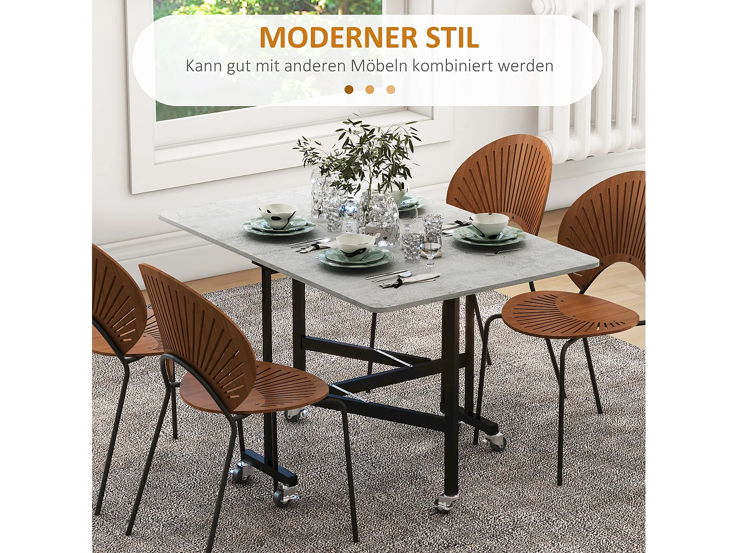 Opklapbare eettafel met wielen, stalen poten, uitschuifbaar, MDF, grijs (120x80x73cm)