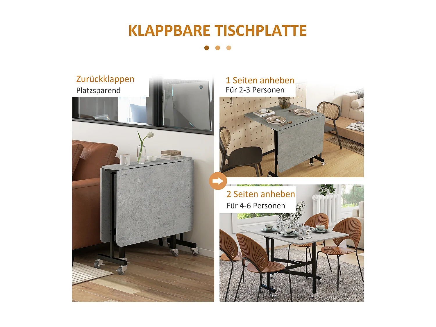 Opklapbare eettafel met wielen, stalen poten, uitschuifbaar, MDF, grijs (120x80x73cm)